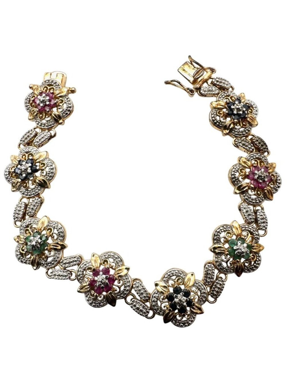 Ross Simons Ruby Emerald Sapphire Diamond Bracelet Gold Plated Sterling Silver